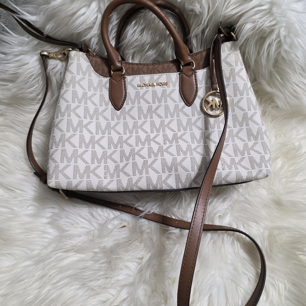 Michael Kors Austen Small White & Brown Signature Satchel Shoulder Bag